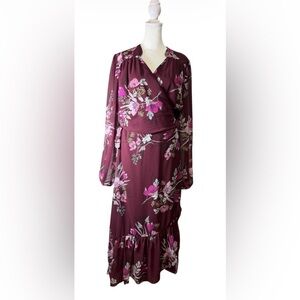 City Chic Burgundy with Pink Floral Trim Maxi Wrap Dress. Size 18.